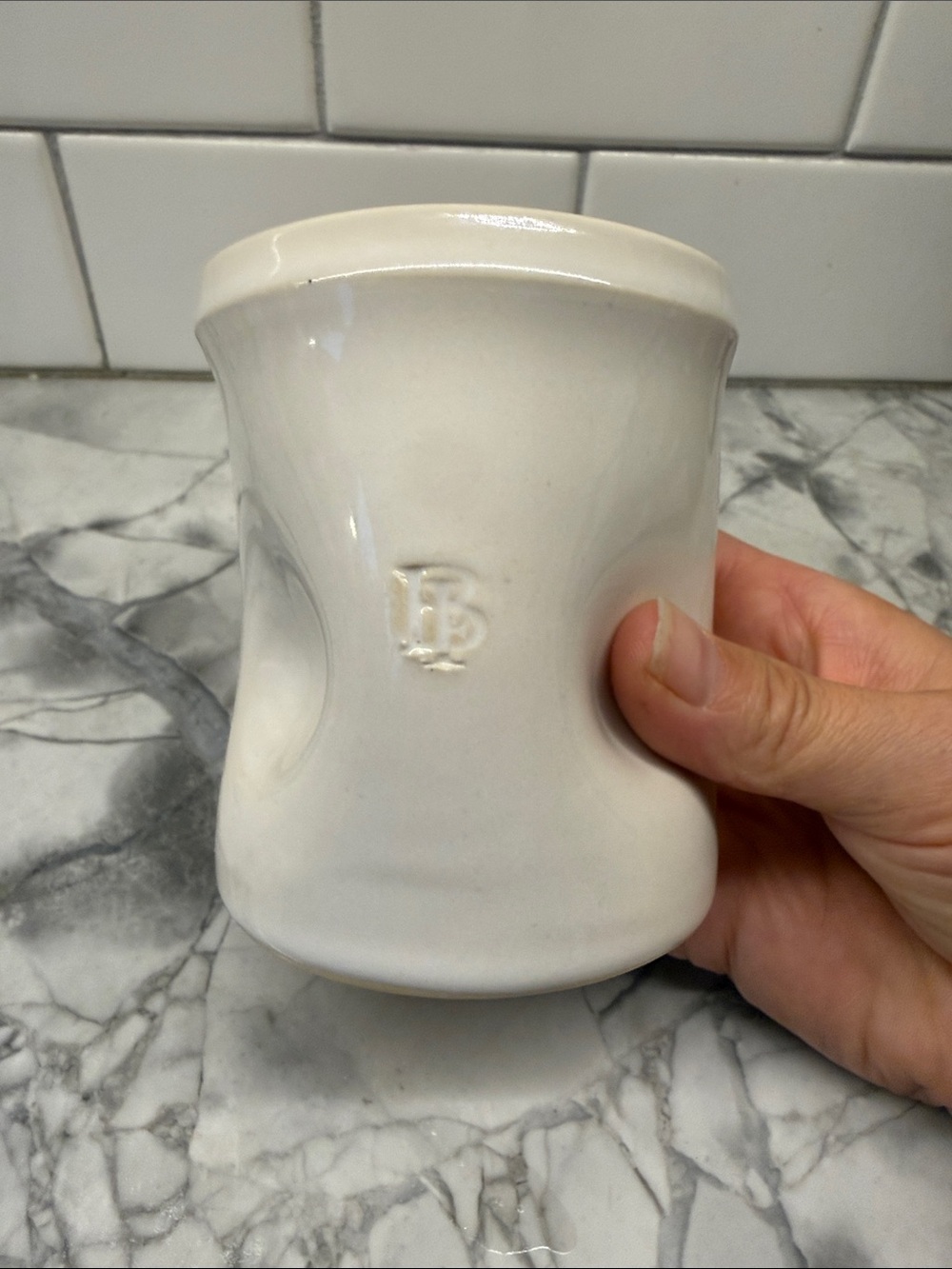 Cream McQueen pottery Ceramic Tumbler with Embossed Monogram